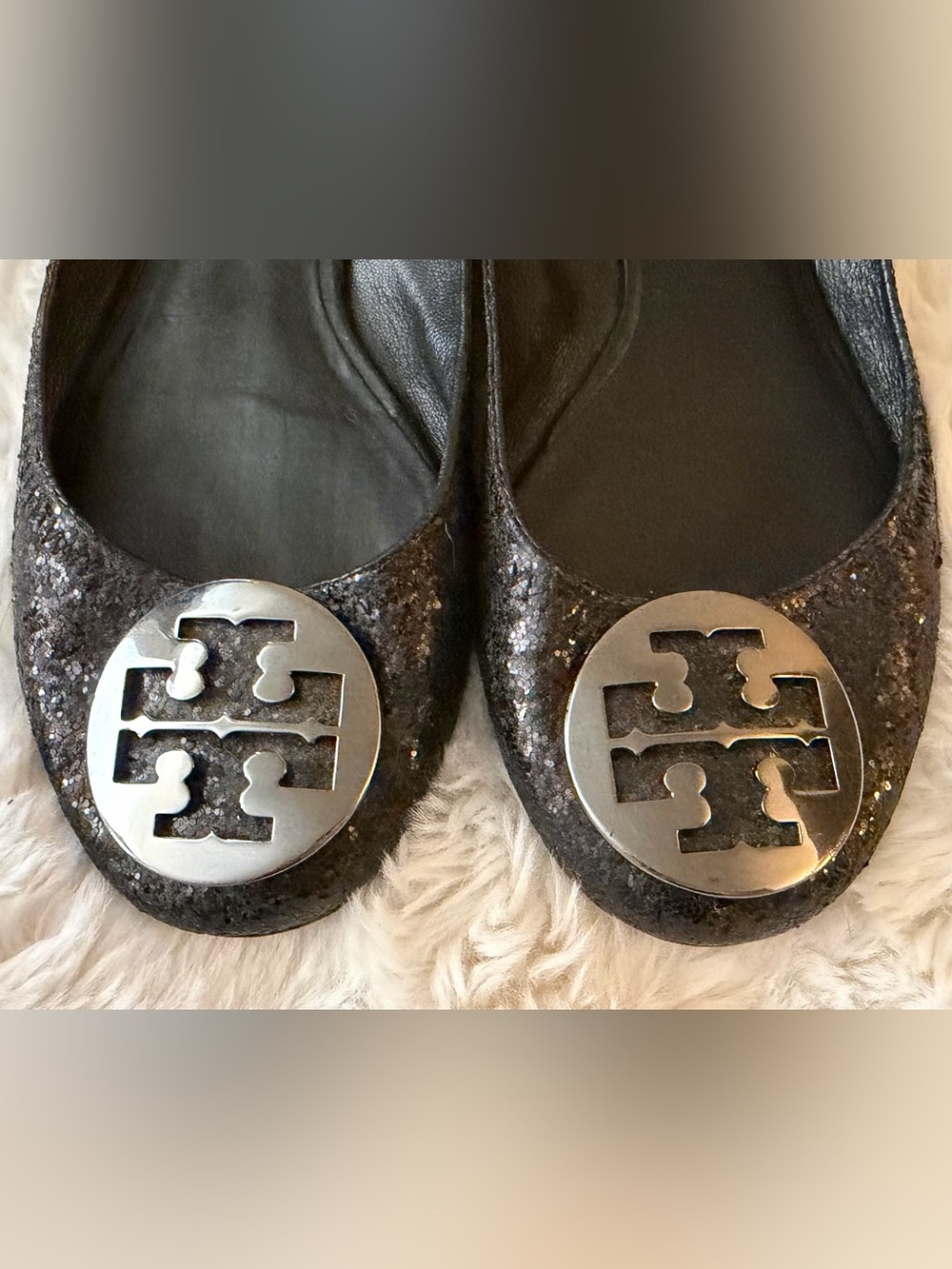 Tory Burch size 9 Black Sequin ballet flats silver TB Logo - Picture 3 of 9